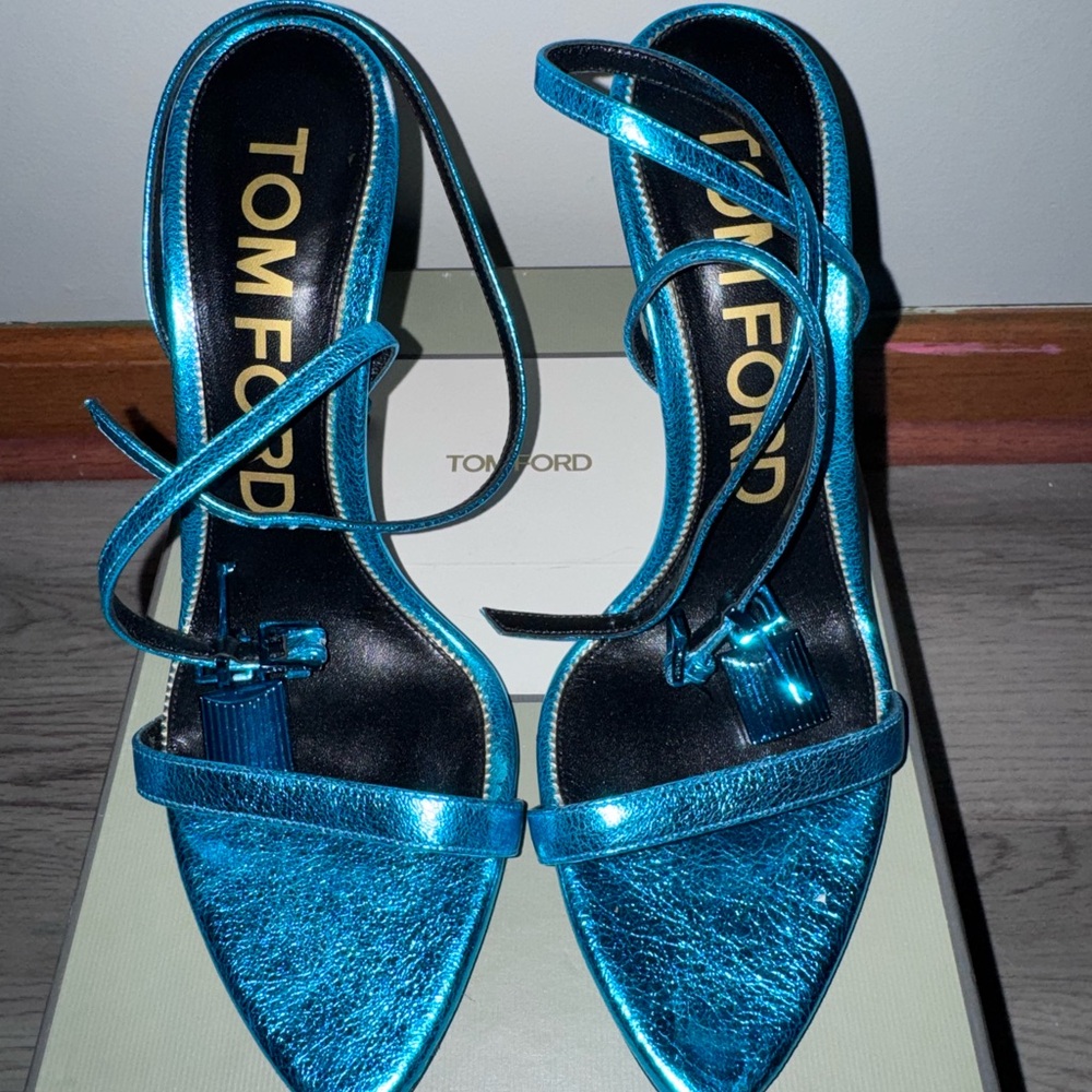 Tom Ford Metallic Blue Strappy Pointed-Toe Heels